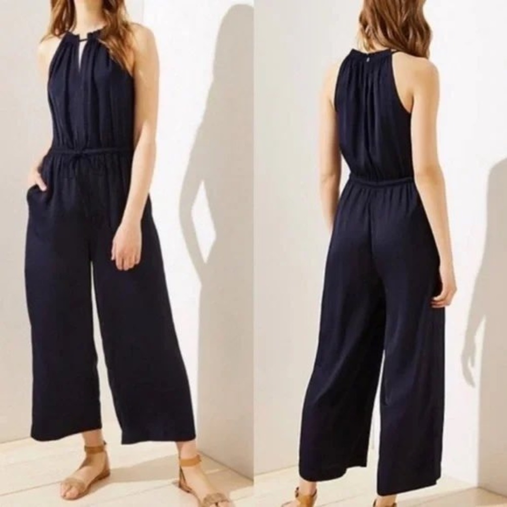 LOFT XXL Petite Navy Blue Sleeveless Halter Neck Drawstring‎ Wide Leg Jumpsuit